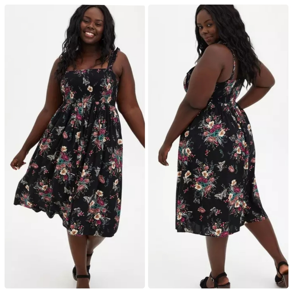 Torrid Women's Black Floral Midi Challis Floral Smocked Tiered Dress Size 4X. - Picture 1 of 12